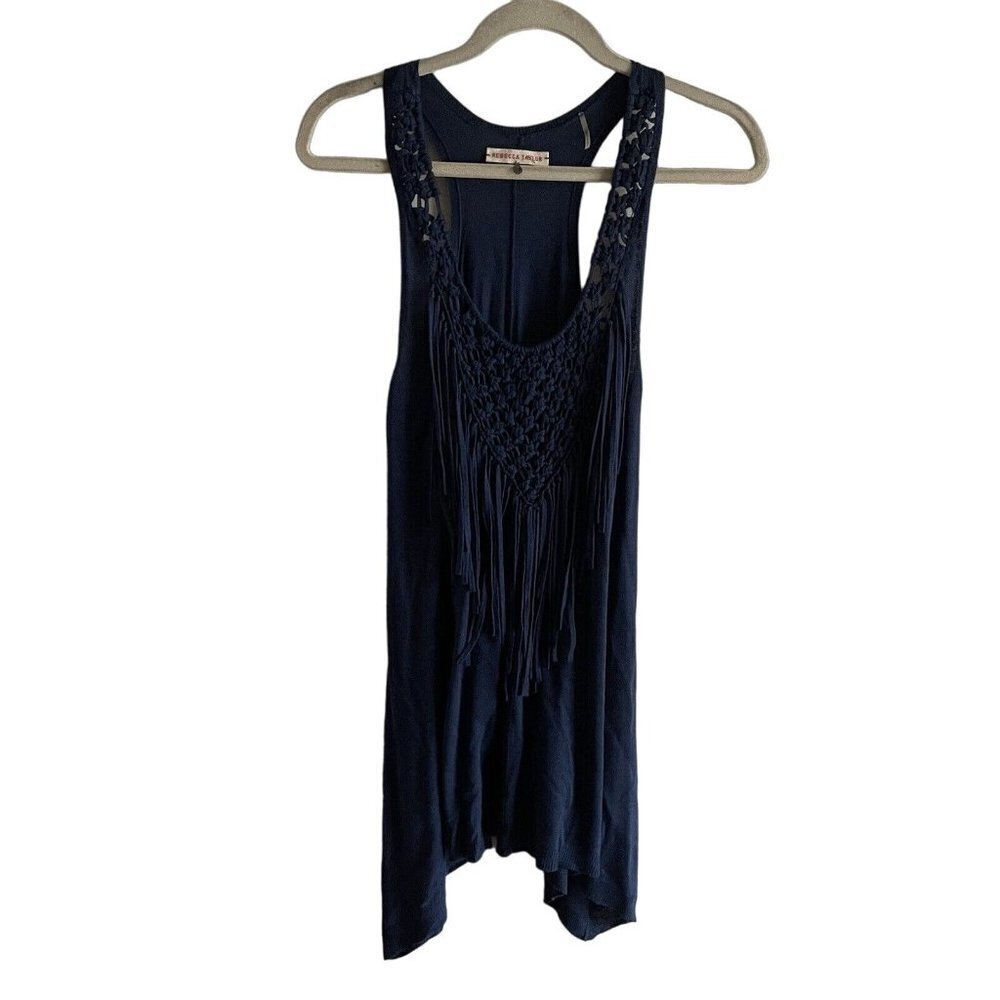 Rebecca Taylor Women SZ XS Blue Crotchet Fringe Sharkbite Hem Tank Top Shirt